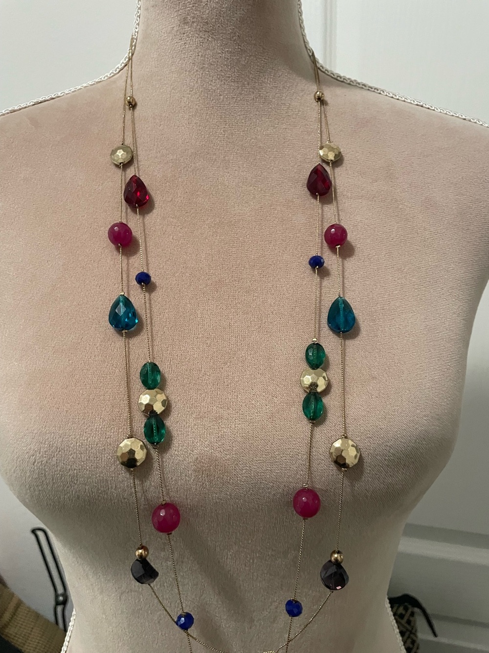 Long Multi-Color Bead Station Necklace - Gold Chain
